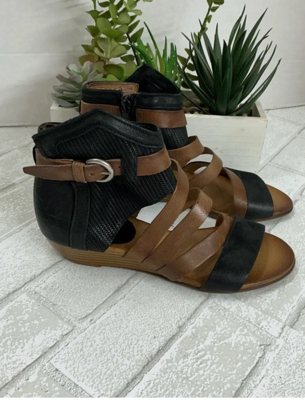Miz Mooz Two-Tone Brown and Black Strappy Wedge Sandals